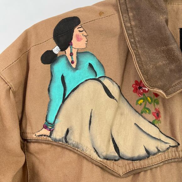 Vtg Liz Claiborne Sport Painted Southwestern Woman Feather Duster Coat Sz MP - Picture 3 of 16